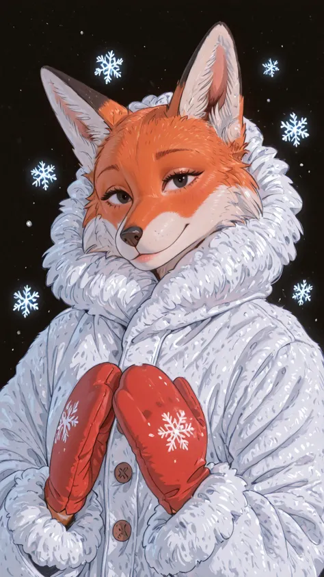 snowflakes, black background, realistic, anthro, fox, orange fur, looks at the viewer, sheepskin coat, mittens, black eyes