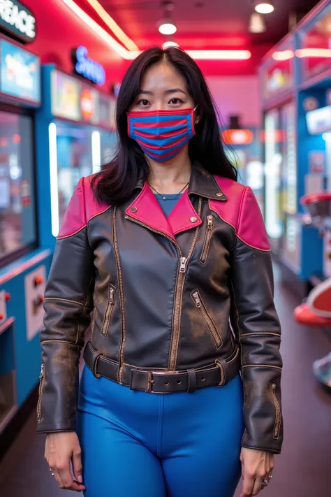 Wide angle image a 34 year old Asian woman with moderate obesity, medium belly, large arms, muscular thighs, wearing blue latex pants, wearing a pink and grey 1970s vintage cafe racer jkt made of blue and brown leather with extensive wear and dirt staining...
