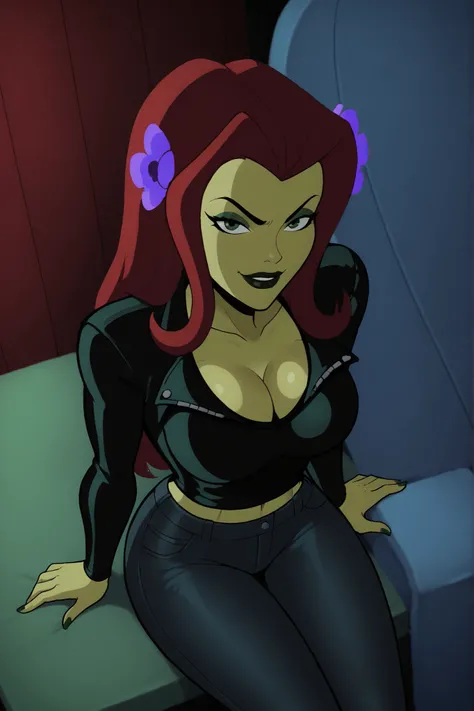 2d, score_9, score_8_up, score_7_up, score_6_up, flower, BREAK, 1girl, solo, standing, red hair, PIVYbatb, green skin, cleavage, curvy, athletic, makeup, smile, closed mouth, large breasts, long hair, black lips, hair ornament, seductive expression, bedroo...