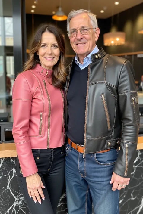 a 58 year old woman thin and frail body, with a 74 year old man large muscular body, they both wear cafe racer jkt from the 1970s, the woman’s jacket is tight fitting pink and polished leather, the mans jacket is black dark leather with heavy staining and ...