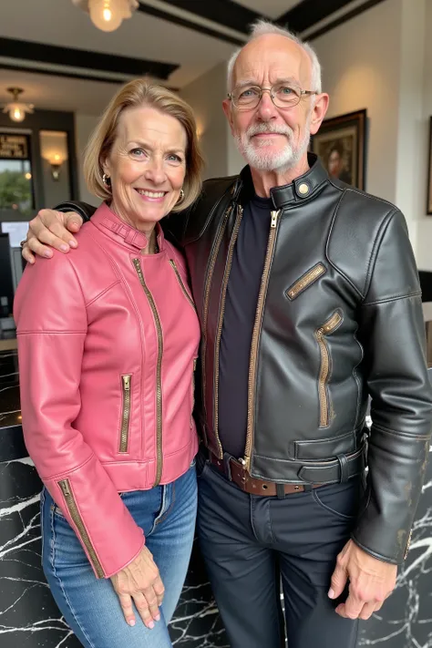 a 58 year old woman thin and frail body, with a 74 year old man large muscular body, they both wear cafe racer jkt from the 1970s, the woman’s jacket is tight fitting pink and polished leather, the mans jacket is black dark leather with heavy staining and ...