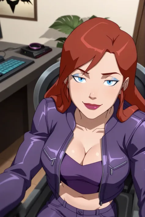 BREAK, score_6_up, score_7_up, score_8_up, score_9, 1girl, solo, b4rb4r4-b4t, blue eyes, long hair, red hair, brown hair, lipstick, makeup, large breasts, busty, cleavage, curvy, athletic, looking at viewer, seducing viewer, teasing viewer, seductive expre...