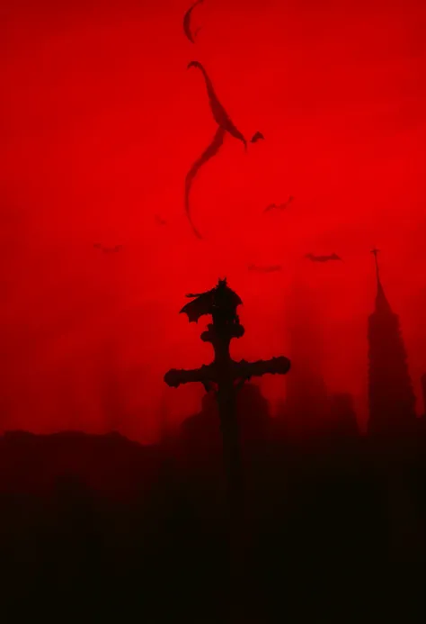 ((devil)),buildings,Sitting cross-legged,bat wings,Cola de devil, looking at the sky,((gap en el cielo)),((gap)) Floating,photo from above,beautiful and detailed face,Kutuku in the background,Lofcraft beast on the horizon