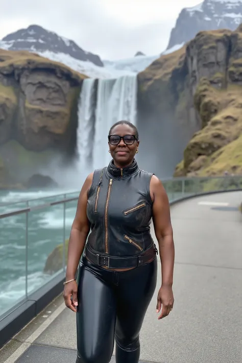 a 58 year old fat obese woman, African American, dark skin, oily skin, shiny arms, wearing a sleeveless cafe racer jkt that is made from 1970s leather dirty grimy appearance black leather, heavy brown belt around the collar, the woman wears black shining p...