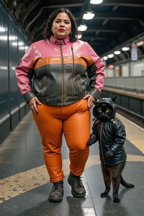 a wide screen cinematic image, in a train station subway made of black marble, a fat Asian woman weighing 289 pounds, wearing a cafe racer jkt that is bright pink and orange striped, wearing orange leather pants, her leather outfit is from the 1970s, vinta...