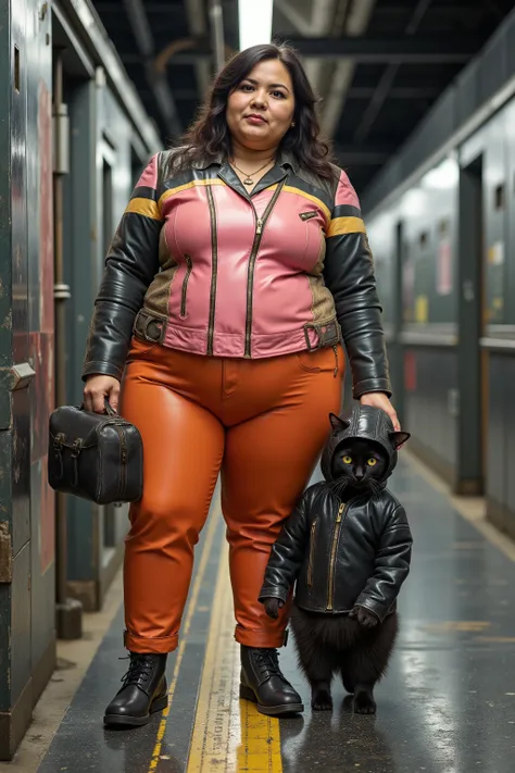 a wide screen cinematic image, in a train station subway made of black marble, a fat Asian woman weighing 289 pounds, wearing a cafe racer jkt that is bright pink and orange striped, wearing orange leather pants, her leather outfit is from the 1970s, vinta...