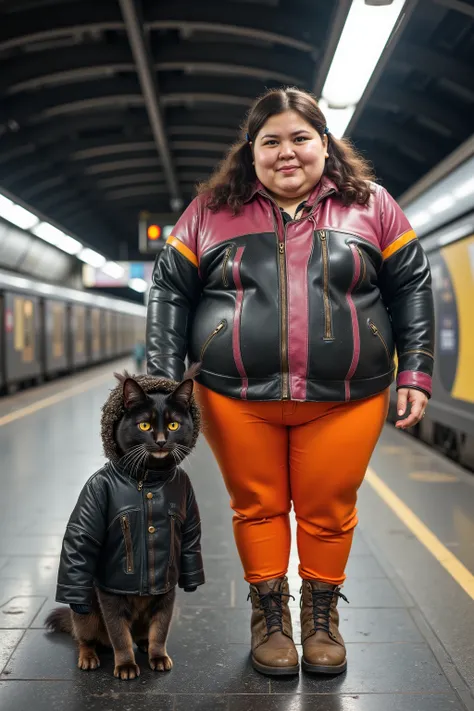 a wide screen cinematic image, in a train station subway made of black marble, a fat Asian woman weighing 289 pounds, wearing a cafe racer jkt that is bright pink and orange striped, wearing orange leather pants, her leather outfit is from the 1970s, vinta...