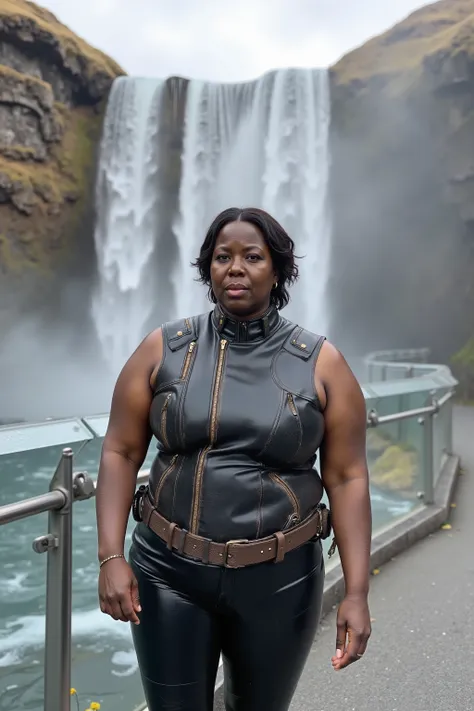 a 58 year old fat obese woman, African American, dark skin, oily skin, shiny arms, wearing a sleeveless cafe racer jkt that is made from 1970s leather dirty grimy appearance black leather, heavy brown belt around the collar, the woman wears black shining p...