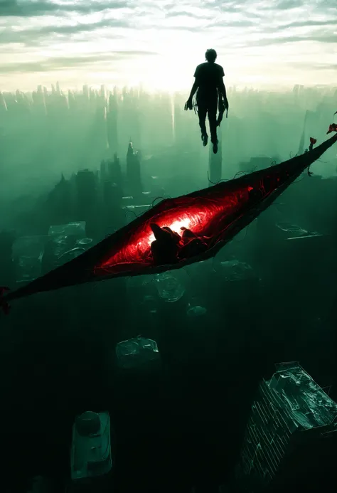 ((devil)),buildings,Sitting cross-legged,bat wings,Cola de devil, looking at the sky,((gap en el cielo)),((gap)) Floating,photo from above,beautiful and detailed face,Kutuku in the background,Lofcraft beast on the horizon, depth of field, High definition i...