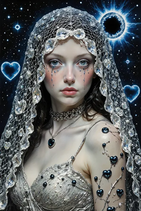 A close-up portrait of a woman whose mesh silver veil is embroidered with constellations of black pearls.She looks over my shoulder. Her expression is calm, but her eyes are sparkling with crystal tears reflecting the moonlight. The background lives its ow...