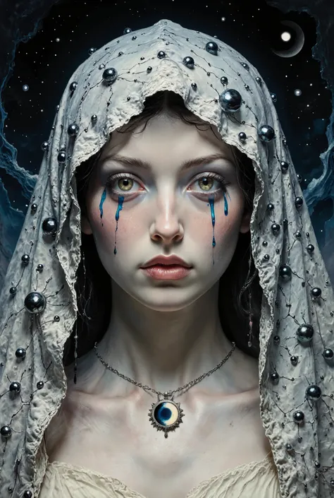 A close-up portrait of a woman whose veil is embroidered with constellations of black pearls. Her expression is calm, yet tears of silver trace down her eyes, catching dim light. The background fades into a void where faint whispers of chanting linger. Aro...
