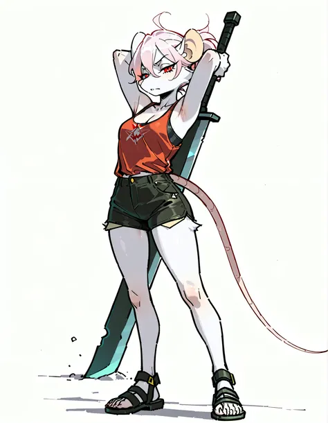 (((masterpiece))), (((Best Quality))), ((Ultra-detailed)), (anime Illustration), ((extremely delicate and beautiful)),solo, Full body, fantasy albino wererat girl, Fluffy Fur, furry, short pale pink hair, red eyes, rat head, rat ear, rat tail, ((ragged red...
