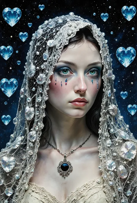 A close-up portrait of a woman whose mesh silver veil is embroidered with constellations of black pearls.She looks over her shoulder. Her expression is calm, but her turquoise eyes sparkle with crystal tears reflecting the moonlight. The background lives i...