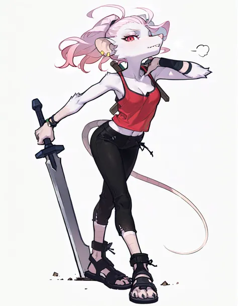 (((masterpiece))), (((Best Quality))), ((Ultra-detailed)), (anime Illustration), ((extremely delicate and beautiful)),solo, Full body, fantasy albino wererat girl, Fluffy Fur, furry, short pale pink hair, red eyes, rat head, rat ear, rat tail, ((ragged red...