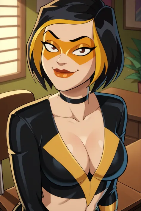 score_9, score_8_up, score_7_up, score_6_up BREAK, g0g1-dh, smiling, closed mouth, 1girl, solo, short hair, black hair, gold hair, multicolored hair, choker, domino mask, makeup, lipstick, looking at viewer, seducing viewer, teasing viewer, large breasts, ...