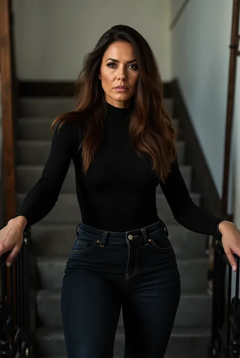 low perspective front view of a mature woman with magnetic presence and dominant energy, long hair flowing over shoulders, wearing dark-wash fitted jeans that perfectly hug her curves and a form-fitting longsleeve black top, positioned authoritatively at t...