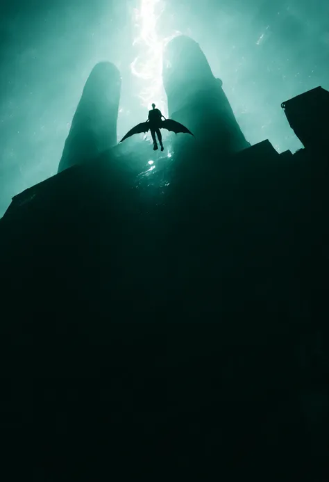 ((devil)),buildings,Sitting cross-legged,bat wings,Cola de devil, looking at the sky,((gap en el cielo)),((gap)) Floating,photo from above,beautiful and detailed face,Kutuku in the background,Lofcraft beast on the horizon, A girl,with hanging legs ,sittin...