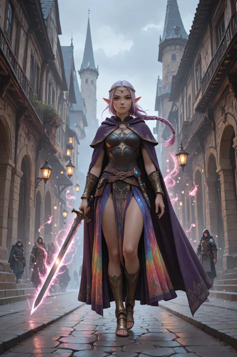 aidmaMJ6.1,a picture of a female elf (intense details , Masterpiece , best quality) fantasy swashbuckler , fantasy fencer , armed with a slim sword , shinning sword , metallic shine , colorful clothes , dynamic clothing , an ultra wide shot , full body (in...