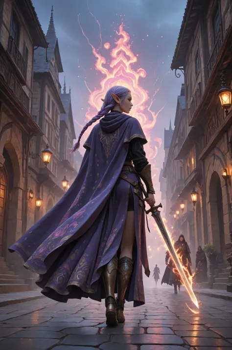 Cinematic,Movie Still,aidmaMJ6.1,a picture of a female elf (intense details , Masterpiece , best quality) fantasy swashbuckler , fantasy fencer , armed with a slim sword , shinning sword , metallic shine , colorful clothes , dynamic clothing , an ultra wid...