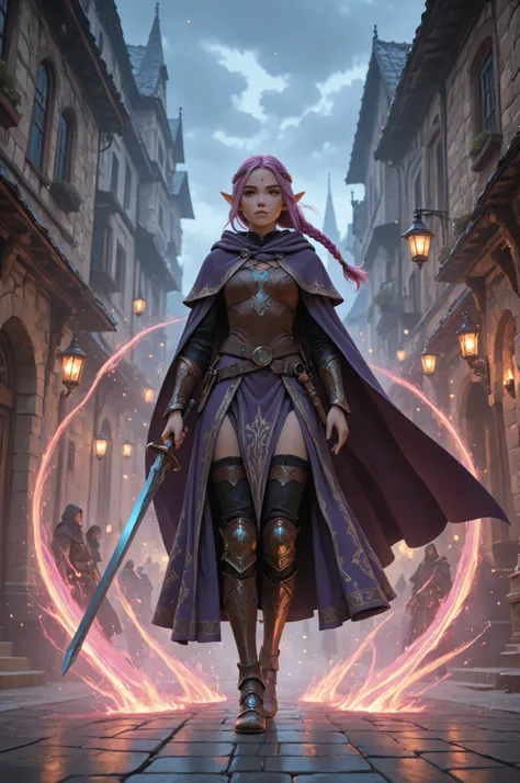 Cinematic,Movie Still,aidmaMJ6.1,a picture of a female elf (intense details , Masterpiece , best quality) fantasy swashbuckler , fantasy fencer , armed with a slim sword , shinning sword , metallic shine , colorful clothes , dynamic clothing , an ultra wid...