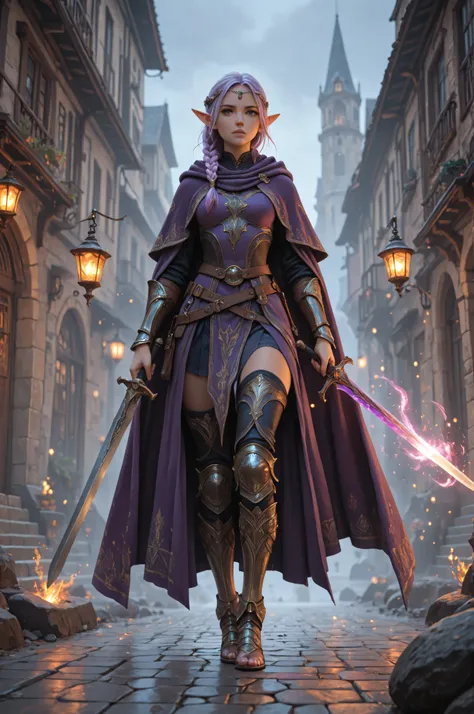 aidmaMJ6.1,a portrait of a female elf (intense details , Masterpiece , best quality) fantasy swashbuckler , fantasy fencer , armed with a slim sword , shinning sword , metallic shine , colorful clothes , dynamic clothing , an ultra wide shot , full body (i...
