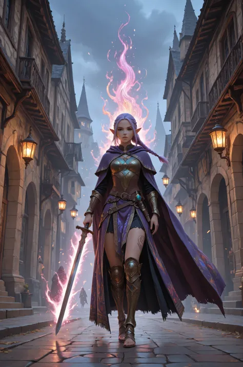 aidmaMJ6.1,a portrait of a female elf (intense details , Masterpiece , best quality) fantasy swashbuckler , fantasy fencer , armed with a slim sword , shinning sword , metallic shine , colorful clothes , dynamic clothing , an ultra wide shot , full body (i...