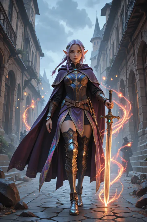 aidmaMJ6.1,a portrait of a female elf (intense details , Masterpiece , best quality) fantasy swashbuckler , fantasy fencer , armed with a slim sword , shinning sword , metallic shine , colorful clothes , dynamic clothing , an ultra wide shot , full body (i...