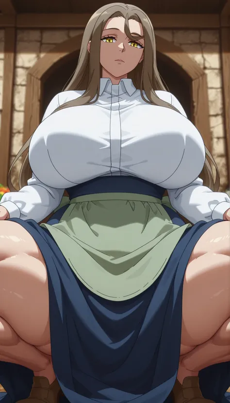 1woman, solo, mature, fara_mne,brown hair, long hair, hair between eyes, sidelocks, yellow eyes,white shirt, collared shirt, long sleeves, blue skirt, long skirt, green apron, brown footwear, huge breasts, thick muscular thighs, wide curvy hips, voluptuous...