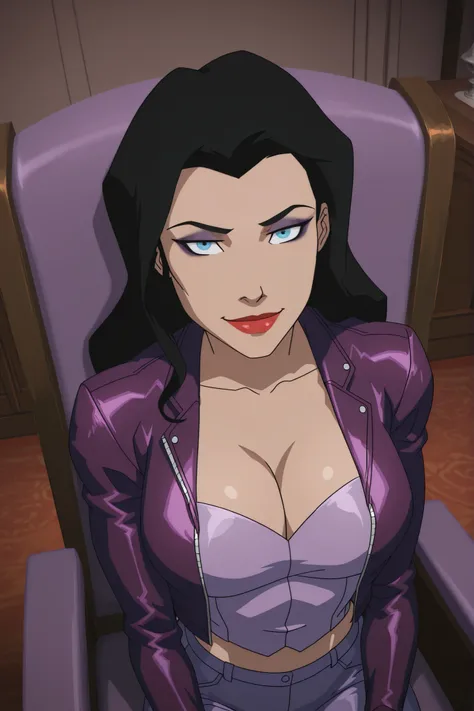 BREAK, score_6_up, score_7_up, score_8_up, score_9, zatannaYoungJustice, 1girl, solo, black hair, lipstick, blue eyes, makeup, red lips, long hair, large breasts, busty, cleavage, curvy, athletic, looking at viewer, seducing viewer, teasing viewer, seducti...