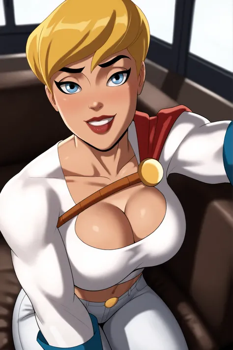 BREAK, score_8_up, score_7_up, score_6_up, score_9, PowerGirlPublicEnemies, 1girl, solo, blonde hair, large breasts, short hair, blue eyes, superhero, lipstick, makeup, dark skin, cleavage, curvy, athletic, ((looking at viewer)), seducing viewer, teasing v...