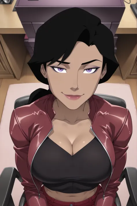 ((parody), perfect anatomy, perfect eyes) BREAK  lois lane, black hair, ponytail, purple eyes, lipstick, makeup, ((looking at viewer)), large breasts, busty, cleavage, curvy, athletic, long sleeves, red leather jacket, black crop top, red jeans, teasing vi...