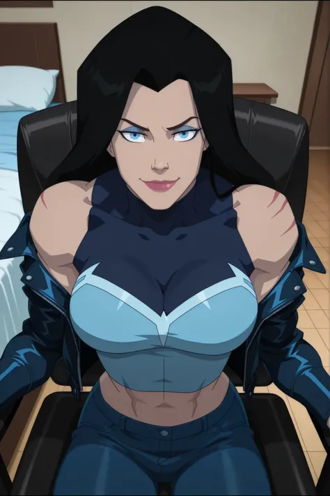 BREAK, score_6_up, score_7_up, score_8_up, score_9, 1girl, solo, long hair, blue eyes, black hair, bare shoulders, blue eyes, muscular female, midriff, bare shoulders, lipstick, makeup, wwBl00d, large breasts, busty, cleavage, curvy, athletic, looking at v...