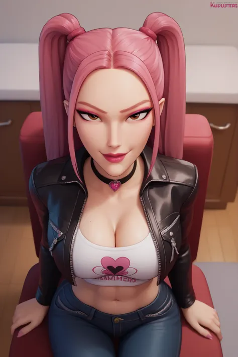 BREAK, score_6_up, score_7_up, score_8_up, score_9, 1girl, solo, kpdh_m1ra, long hair, dark pink hair, brown eyes, twintails, black choker, lipstick, makeup, official KPop Demon Hunters aesthetic, large breasts, busty, cleavage, curvy, athletic, looking at...
