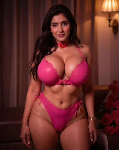 Kajal bhabhi, 35 year old woman, bindi on forhead , bangles, makeup, jhumka, nose pin ,necklace , free hair,realistic, A woman stands elegantly in a dimly lit room, showcasing her curves in alluring lingerie. Her ensemble features a vibrant pink hue accent...