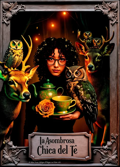 A hyperrealistic fantasy portrait of a young woman with curly dark hair and round glasses, holding a vintage green teapot and teacup on a tray with a golden rose. She stands surrounded by forest animals — deer with glowing eyes and owls perched on antlers ...