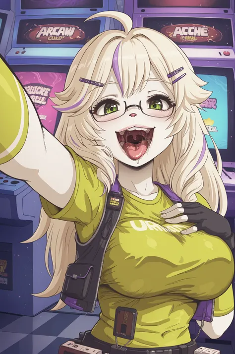 asha, long hair, blonde hair, hair ornament, green eyes, ahoge, multicolored hair, glasses, hairclip, streaked hair, large breasts,, shirt, gloves, black gloves, fingerless gloves, green shirt, karbostyle, open mouth, drooling, 1girl, solo, open mouth, uvu...