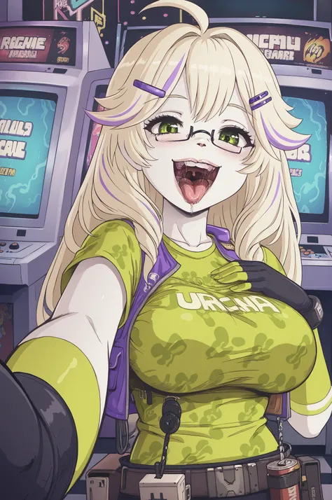 asha, long hair, blonde hair, hair ornament, green eyes, ahoge, multicolored hair, glasses, hairclip, streaked hair, large breasts,, shirt, gloves, black gloves, fingerless gloves, green shirt, karbostyle, open mouth, drooling, 1girl, solo, open mouth, uvu...