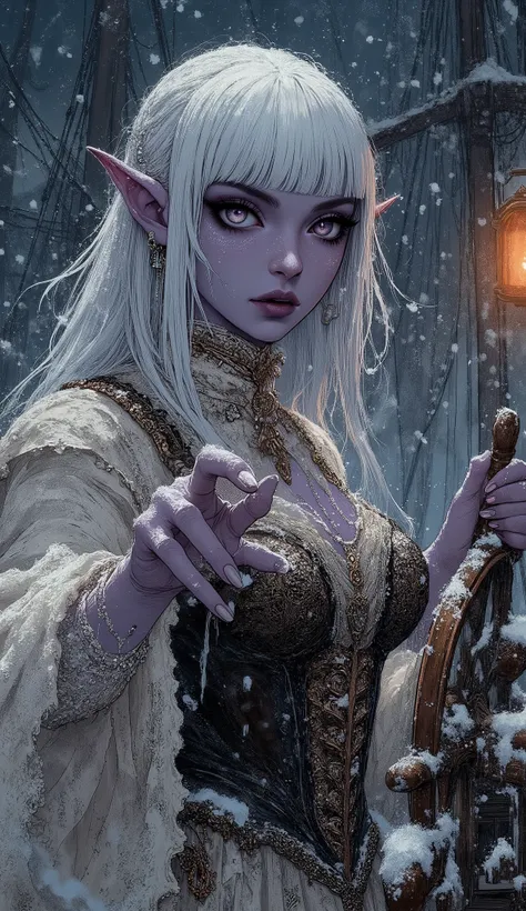 (The fusion of ukiyo-e and dark fantasy. Aesthetic, gothic-style digital art. Detailed facial rendering. A mysterious woman wearing a veil.) BREAK 
(Translucent white hair. Straight-across bangs. White eyebrows. Long white eyelashes. Almond-shaped eyes. La...