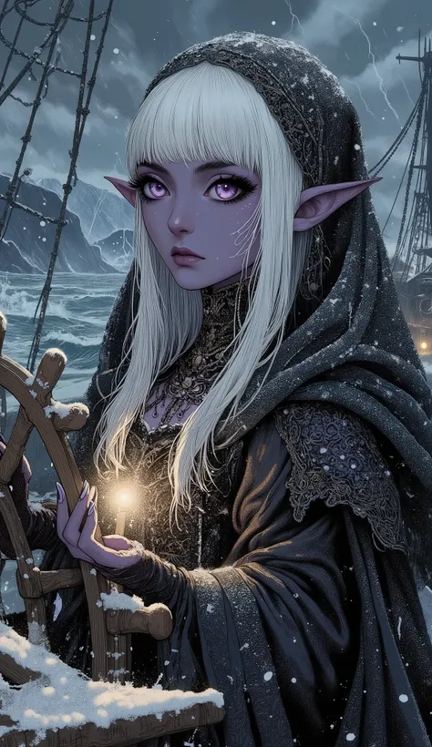 (The fusion of ukiyo-e and dark fantasy. Aesthetic, gothic-style digital art. Detailed facial rendering. A mysterious woman wearing a veil.) BREAK 
(Translucent white hair. Straight-across bangs. White eyebrows. Long white eyelashes. Almond-shaped eyes. La...