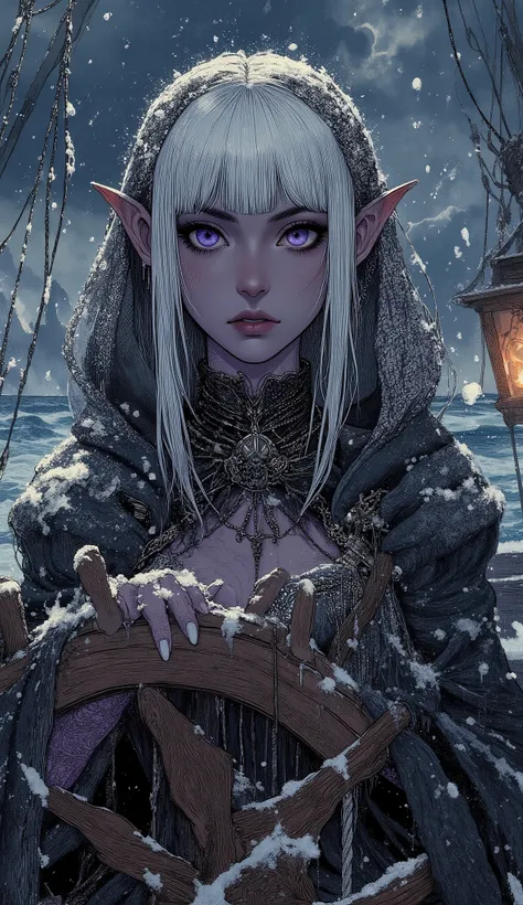 (The fusion of ukiyo-e and dark fantasy. Aesthetic, gothic-style digital art. Detailed facial rendering. A mysterious woman wearing a veil.) BREAK 
(Translucent white hair. Straight-across bangs. White eyebrows. Long white eyelashes. Almond-shaped eyes. La...