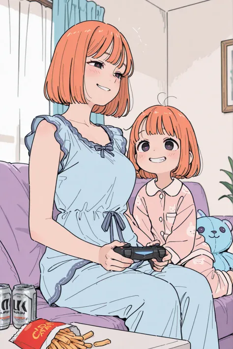(masterpiece), (Highest Quality), 8k, ULTRA DETAIL, 1girl, Bare arms, pajamas 2,Mother 、short hair, Bang, dark eyes, blunt Bang, ORANGE HAIR, bob cut, bright students, mature woman, medium breasted, pajamas 2, controller, Couch, curtain, Resolute,grimace, ...