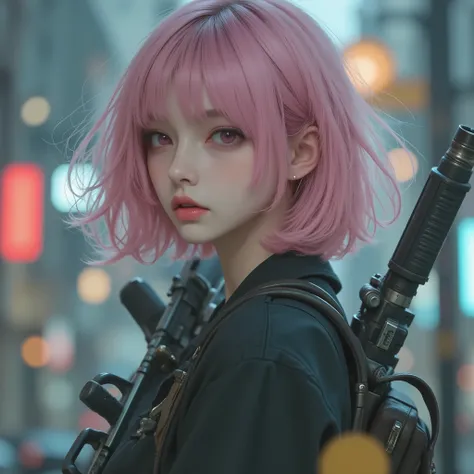 photorealistic、realistic skin texture、gun、tight cyberpunk fashion、Fluffy Shoulder-Length Hair、a dim cyberpunk city with lots of weapons on your back、beautiful pink eyes、pink hair、Carrying a large number of weapons