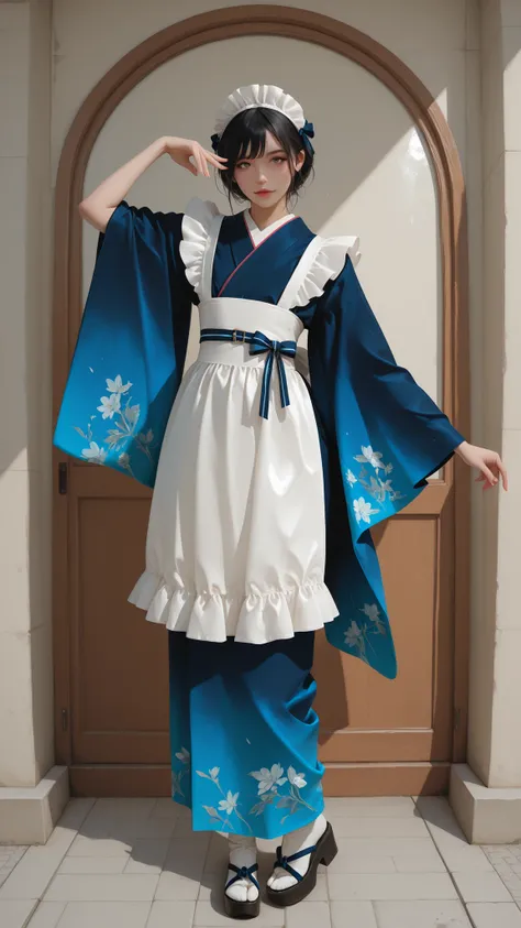 Kimono mixed armor mixed maid mixed idol mixed transparent, top fashion trends, water color style realistic illustration, flat chest, pose, full body, professional quality 