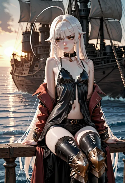 woman sitting on pirate ship, railing, holding rope, strong winds, masterpiece, detailed_eyes, high_quality, best_quality, highres, absurdres, 8k, score_9, score_8_up, 1girl, handsome lady, tall, adult, (white hair, straight hair, bangs, even fringe, hair ...