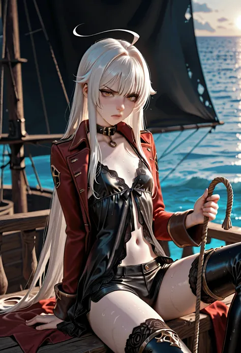 woman sitting on pirate ship, railing, holding rope, strong winds, masterpiece, detailed_eyes, high_quality, best_quality, highres, absurdres, 8k, score_9, score_8_up, 1girl, handsome lady, tall, adult, (white hair, straight hair, bangs, even fringe, hair ...