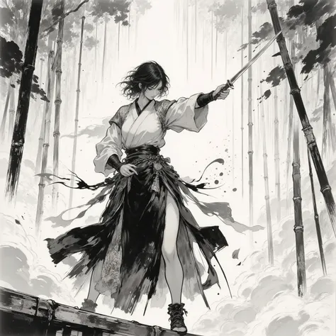 (masterpiece), (best quality), sumi-e style with watercolor bleeding, 
female samurai mid-swing in a rainy bamboo forest, 
wet kimono clinging to her body, droplets flying from blade, 
mist swirling around her feet, rain streaks as ink lines, 
erotic and m...