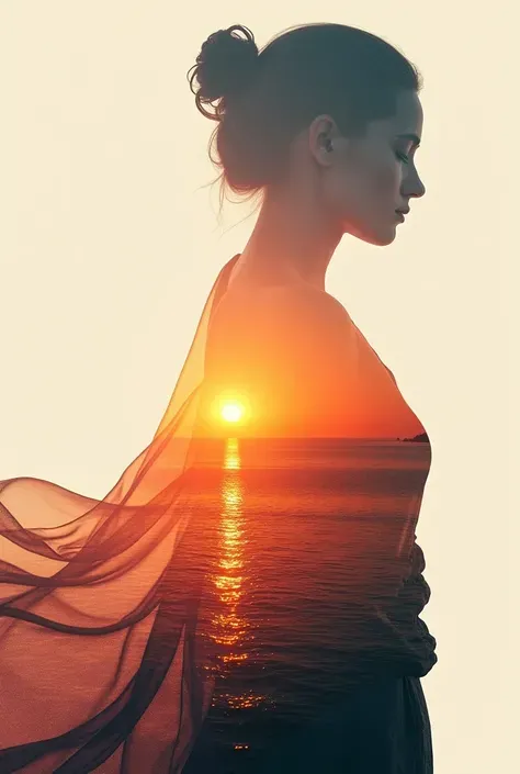 High quality，8K Ultra HD，美丽的Doubleexposure，combines the silhouette of the goddess with the sunset coast，The sunset coast should be used as the bottom background，details are incorporated into the goddess's silhouette，Clear lines，The background is monochroma...
