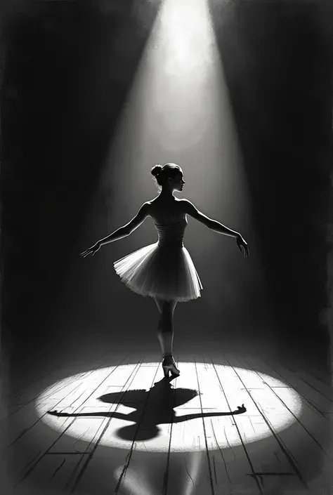 A ballet dancer practices alone in an empty theater under a single spotlight. Her shadow floats in the air while dancing on the wooden floor. The composition emphasizes elegance, disciplined, and solitude. in an expressive semi-realistic sketch style, comb...