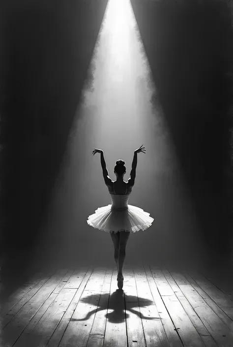 A ballet dancer practices alone in an empty theater under a single spotlight. Her shadow floats in the air while dancing on the wooden floor. The composition emphasizes elegance, disciplined, and solitude. in an expressive semi-realistic sketch style, comb...