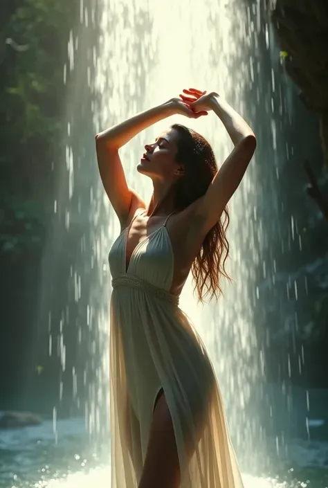 A woman standing under a waterfall, Close your eyes, arms raised above the head. sunlight refracts through falling water，A wet dress clinging to her curves. drawn in a soft semi-realistic style, with strong water effects, Translucent fabric, Ambient halo. ...